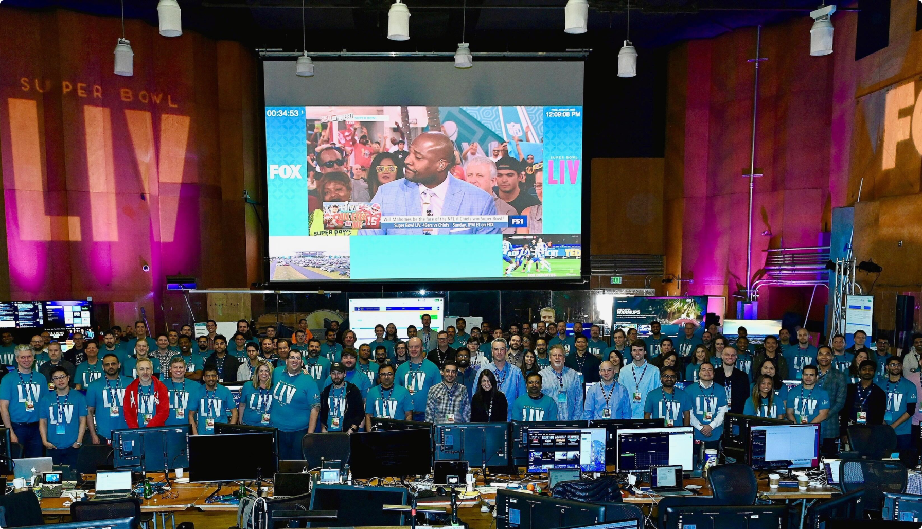 A team picture celebrating a successful live stream of the Superbowl